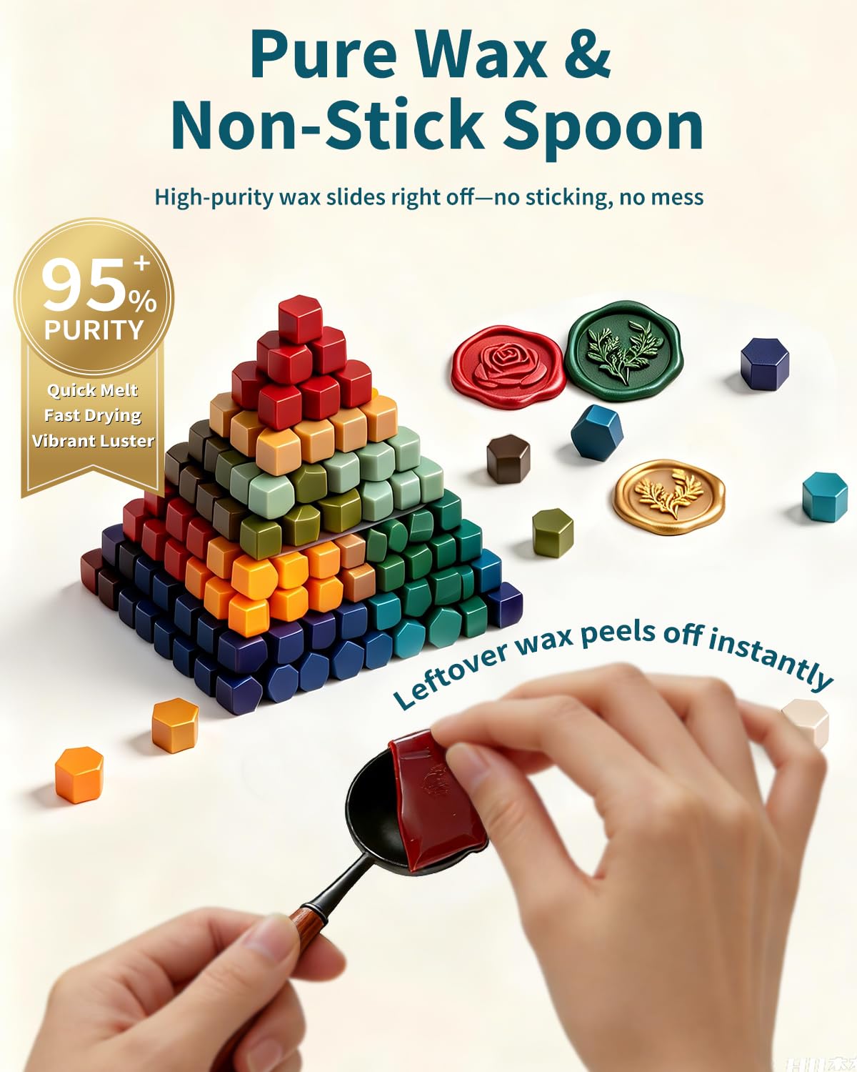 Wax Seal Stamp Kit for Beginners: Wax Sealing Tool Set 3 Brass Stamp Heads with Unique Patterns, 200 Beads, 5 Envelopes & Instructions for Wedding Invitations, DIY Letters & Gift Decoration