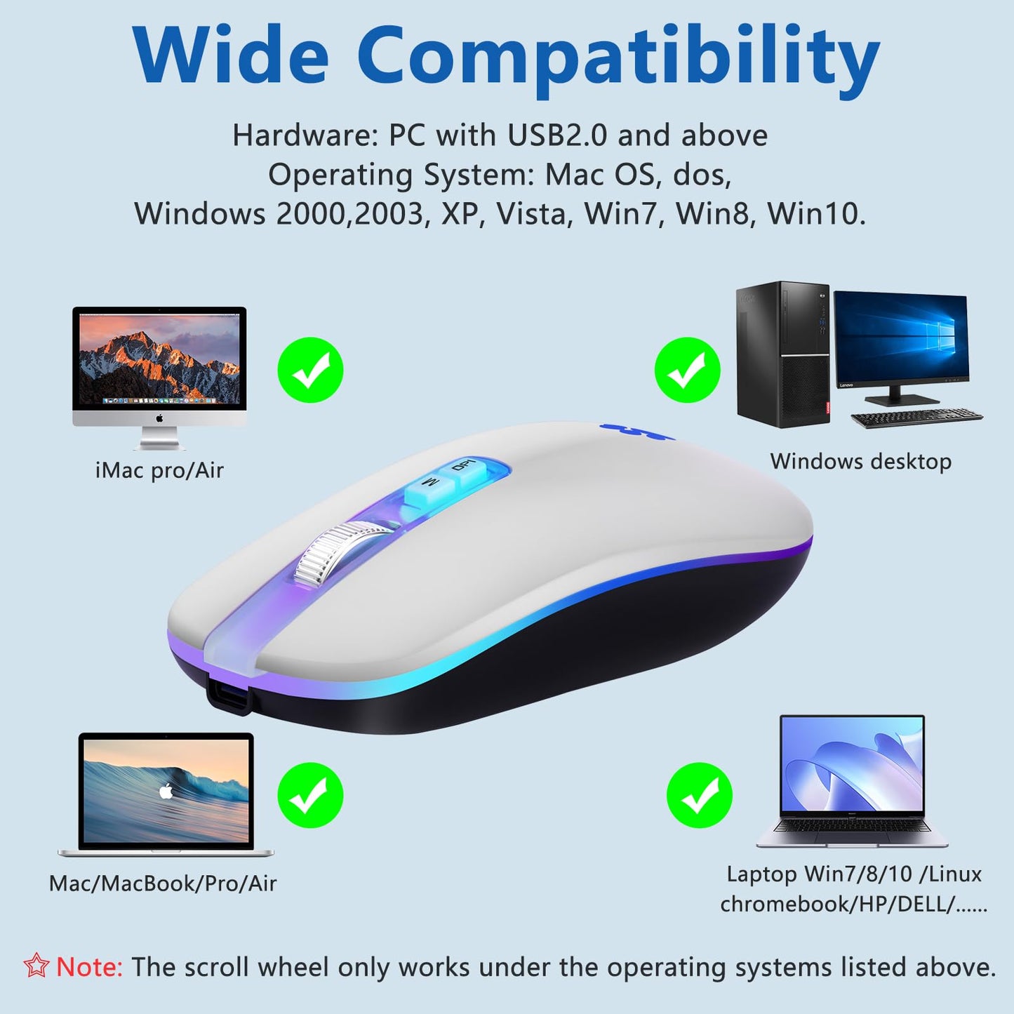 KARFUN Wireless Mouse, Backlit LED Portable Slim Computer Mouse for Laptop, PC, Computer, MacBook, iPad, Chromebook, Notebook, 2.4G Rechargeable Wireless Mouse (Black) (Black-Transparent Nose)