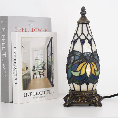 TCODTPOL Small Tiffany Lamp Stained Glass Table Lamp 5.5X11 Inch Christmas Tree Lighthouse Mini Accent Memory Sympathy Antique Night Light for Bedroom Living Room (Blue Lotus)