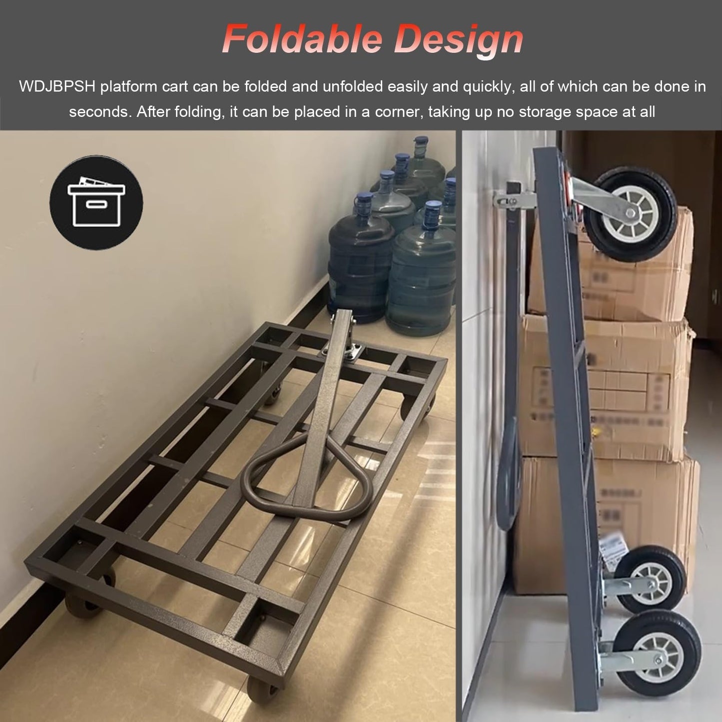 Heavy Duty Platform Cart - Foldable Handle, 180° Rotation, Flatbed Hand Truck for Warehouse, Construction, Moving, Commercial Use