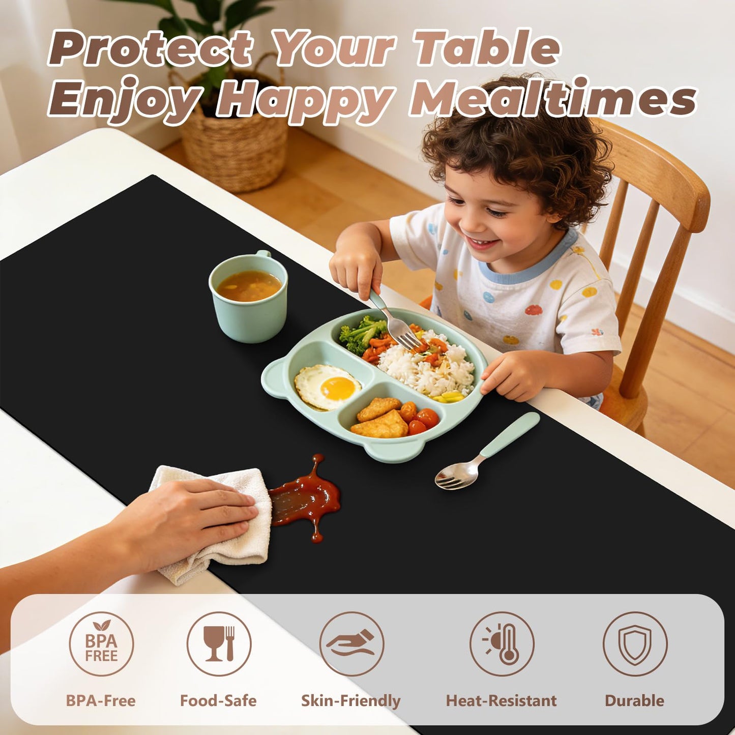 Heat-Resistant Silicone Table Protector Cover: 49.2x19.7x0.06 Inch Thick Food-Grade Table Protector for Dining Room Table for Kitchen Countertop & Counter Mat -Waterproof Tabletop Cover Pad & Crafting