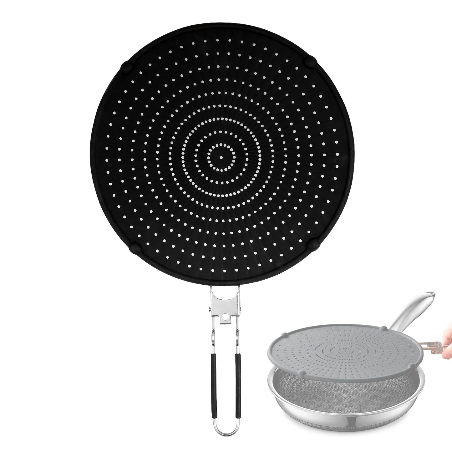 Splatter Screen Compatible with Hexclad,Heat Resistant Silicone with Folding Handle,Grease-Free Cooking,Dishwasher Safe,12.5 Inches,Black