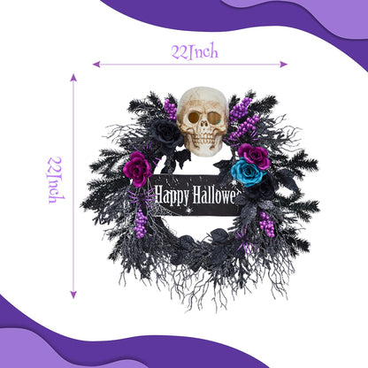 22 in Halloween Wreath for Front Door, Halloween Skull Wreath with Lights, Spooky Halloween Wreaths with Black, Blue, Purple Flowers, Indoor/Covered Outdoor Halloween Props Decoration