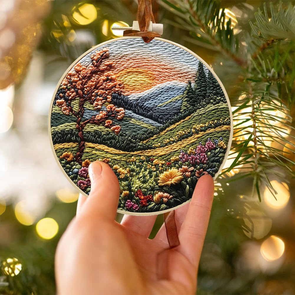Eforcase Embroidery Starter Kit for Adult Beginner with Landscape Tree Mountain River Floral Nature Scenery Pattern Cross Stitch Hand Embroidery Set DIY Cross Stitch Kits with Hoops Needles Threads