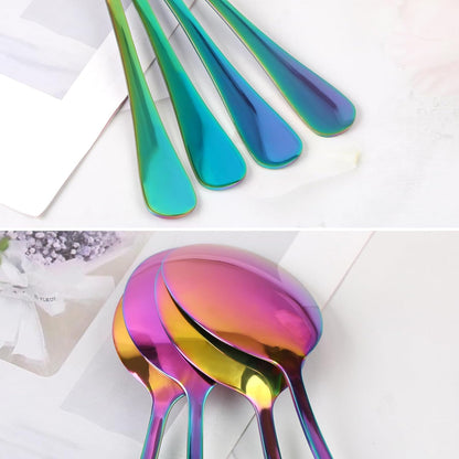 4 Pieces Colorful Serving Spoons Set, 2 Large Serving Spoons and 2 Slotted Spoons, Rainbow Stainless Steel Utensils