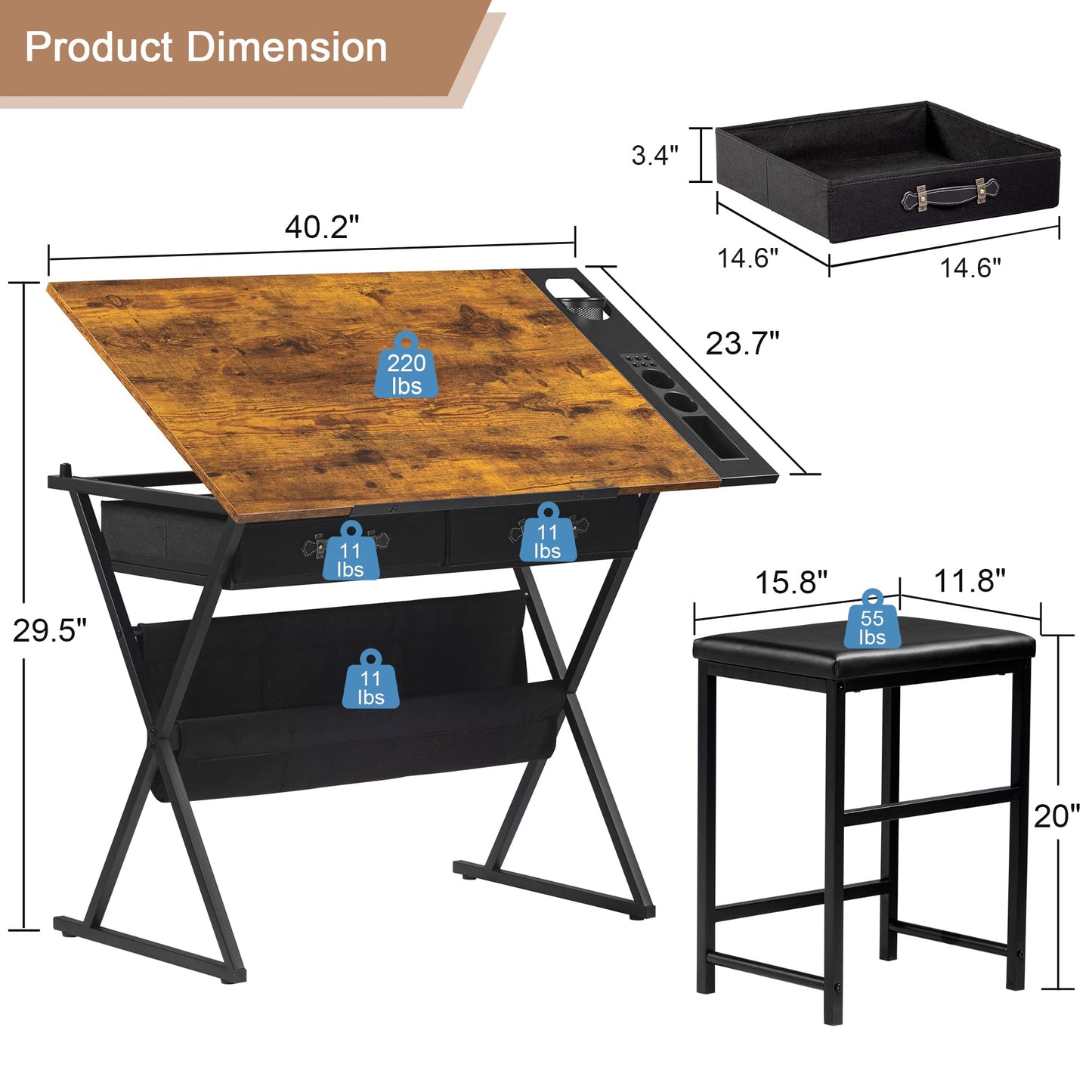 VECELO Drafting Table Art Desk Art Table Adjustable Drawing Table Tilted Tabletop with 2 Storage Drawers and Stool, Drawing Desk for Artist Painters Drawing, Crafting, Reading, Writing, Rustic Brown