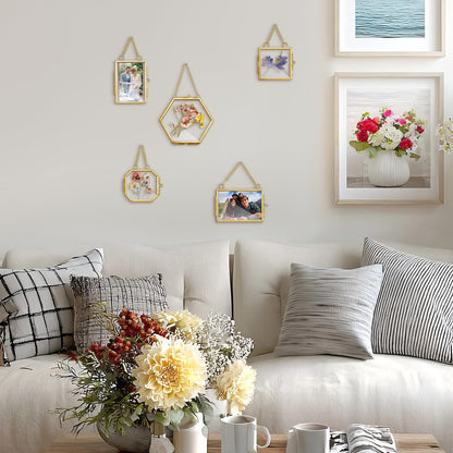 5 Pcs Mini Gold Double Glass Frame for Pressed Flower Frames, 2x3.2 In Wall Hanging Picture Frames with Metal Chain, Horizontal Vertical Floating Glass Picture Frame for Plants Artwork Display