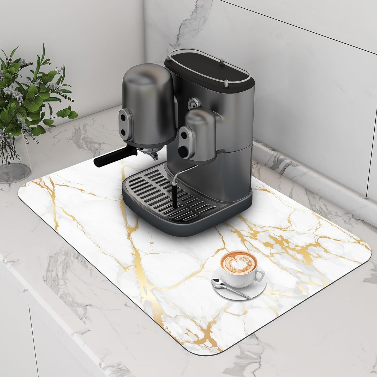 EMMTEEY Coffee Mat Dish Drying Mat for Kitchen Counter, 24"x16" Marble Coffee Maker Mats, Absorbent Rubber Backed