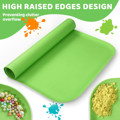 AtMini Silicone Craft Mats for Kids 24"x16"– with Raised Lip & Non-Slip | Reusable Silicone Art Mat for Play Sand, Painting, DIY Crafts | Durable Design (Green)