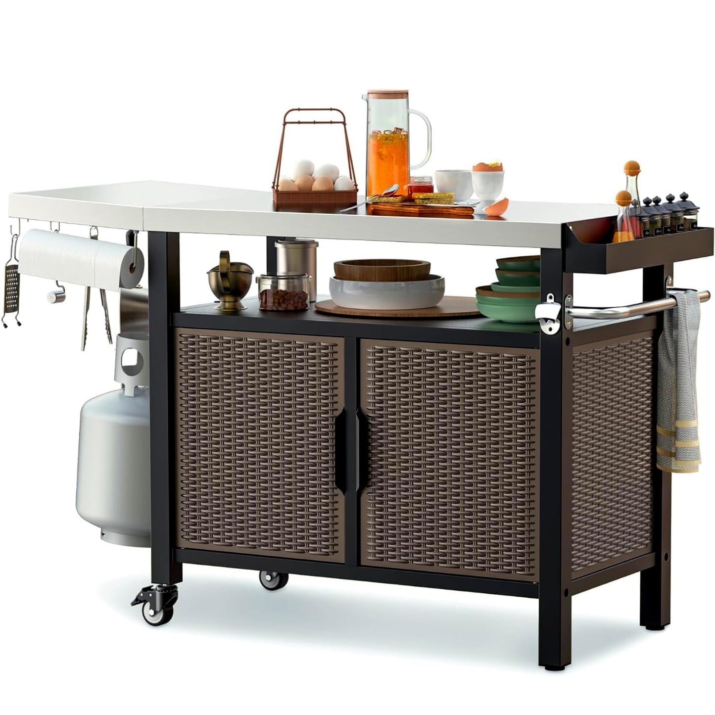onlyfire 53-Inch Rolling Kitchen Island Cart with XL Stainless Steel Top & Rattan Texture Cabinet, Heavy-Duty Outdoor Dining Cart with Side Shelf, Propane Tank Holder, Spice Rack, Wheels for Patio