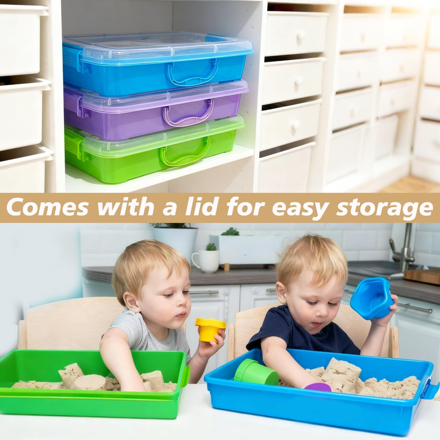 SailStart 4 Qt (3.8L) Sensory Bin With Lid - 3 Pack, Stackable Storage Sensory Bins with Lids, Portable Sandbox, Organizers Sand, Arts, Crafts, (Blue, Green, Purple)