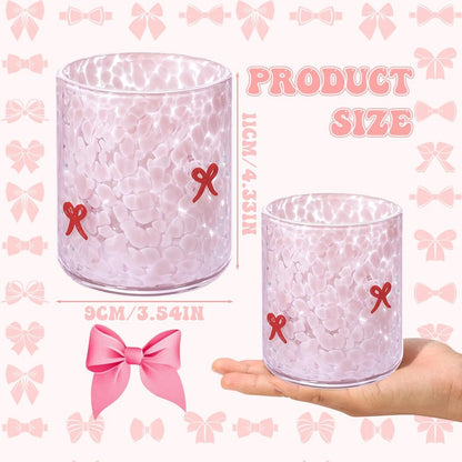 Ovveroche 2 Pcs Pink Bow Icon Juice Glass 14 oz Bow Reusable Stemless Icon Drinking Glasses Cups for Birthday Wedding Party Supplies Gift