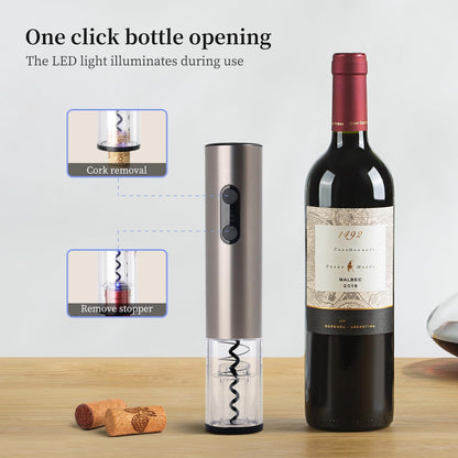 4 Battery Operated Electric Wine Opener by ELMWAY - Stainless Steel Electric Corkscrew with LED Light & Foil Cutter