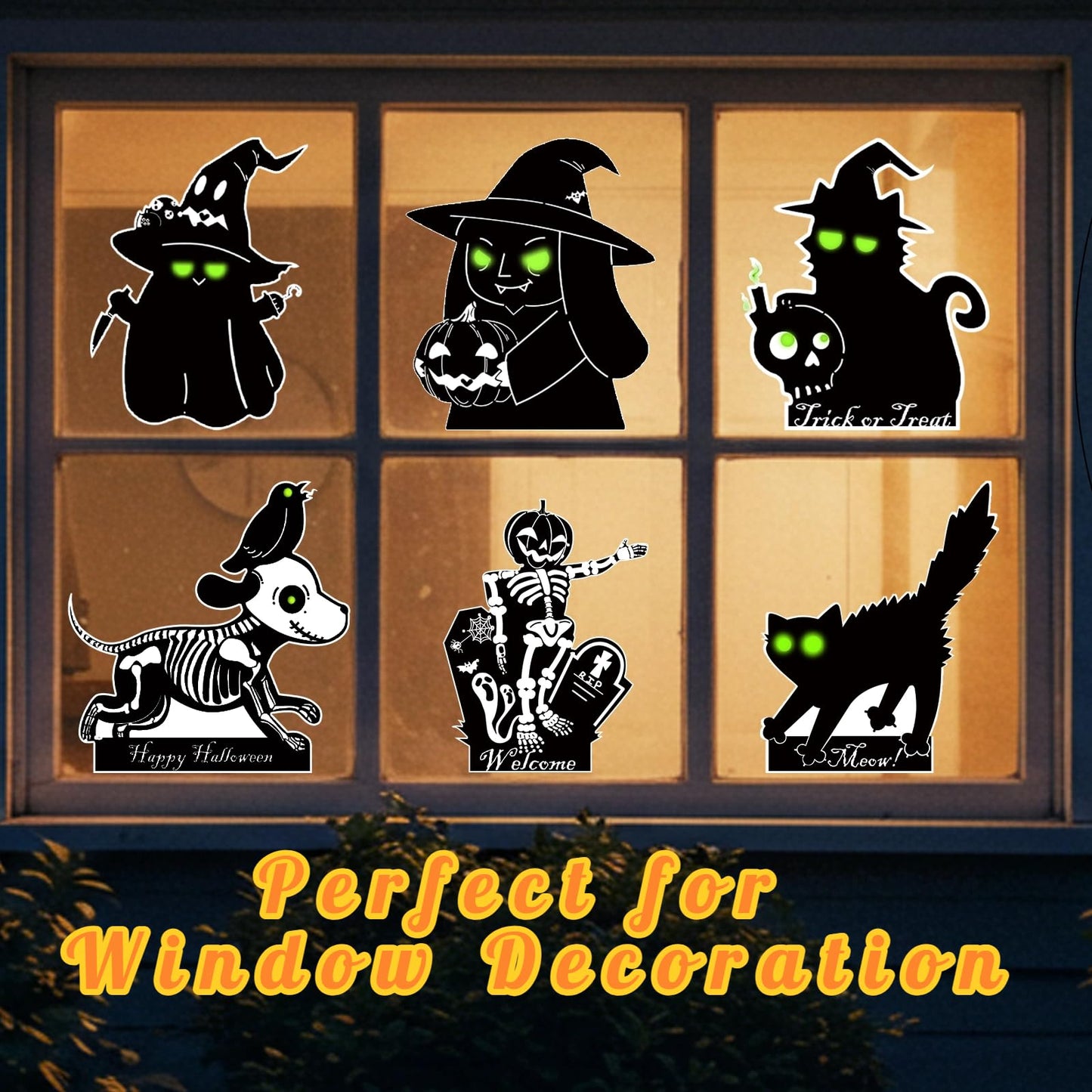 Liferyx Halloween Decoration Outdoor, 6 Packs Cute Yard Sign Black Cat, Skeleton, Witches, Dog & Ghost Silhouette, Waterproof Lawn Decoration Yard Decor Stakes with Glow in Dark Eyes