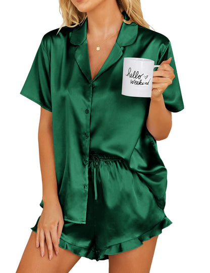 Ekouaer Womens Satin Pajamas Set Button Down 2 Piece Silk Pjs Shorts Set Ruffle Lingerie Notch Collar Sleepwear