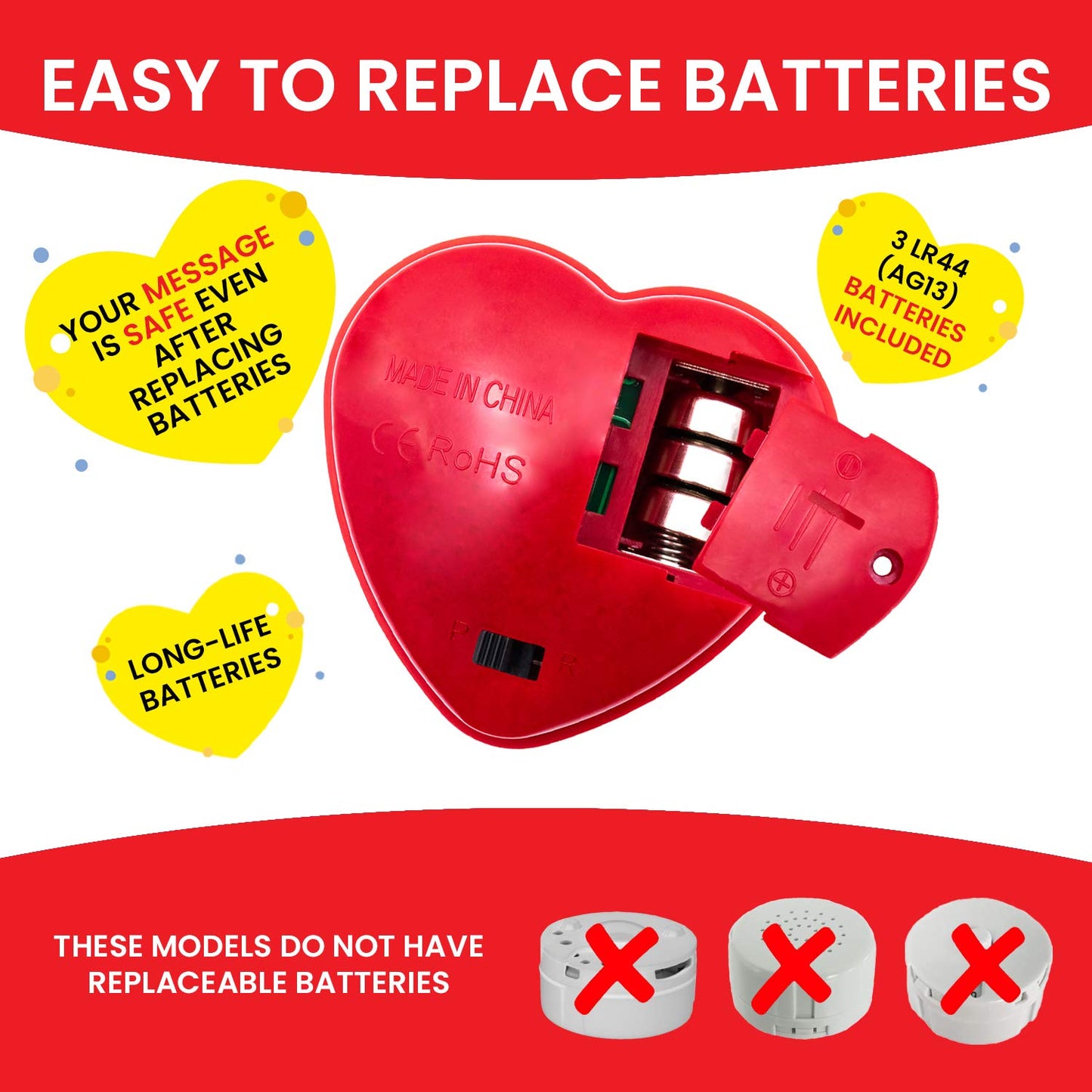 EZSound Teddy Bear Voice Recorder | 30 sec Stuffed Animal Voice Recorder for Kids | Recordable Stuffed Animal Insert | Push Button Build a Bear Heart | Sound Chip for Personal Messages, Gifts (Red)