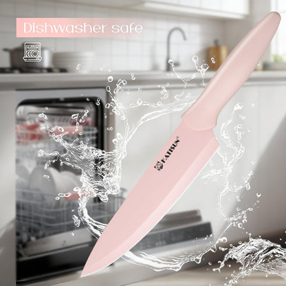 Knife Set, 15 Pieces Knives Sets for Kitchen with Block, Dishwasher Safe Kitchen Knife Set with Built in Sharpener Block, German High Carbon Stainless Steel Knife Block Set with Pink Nonstick Coating