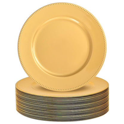 YJYQHYX 24 Pack Gold Charger Plates 13" Plastic Round Charger Plates Dinner Plate With Beaded for Wedding Table Dinner Kitchen Easter Catering Event Party Decoration
