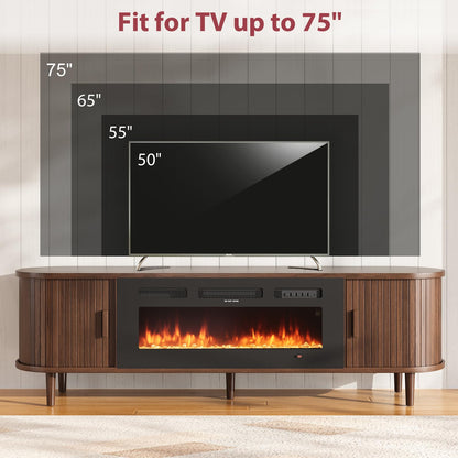 OneBlis 70" Mid Century Modern TV Stand with Fireplace, Fluted Fireplace TV Stand, Entertainment Center with Sliding Door, TV Console with Solid Wood Legs for Living Room, Walnut