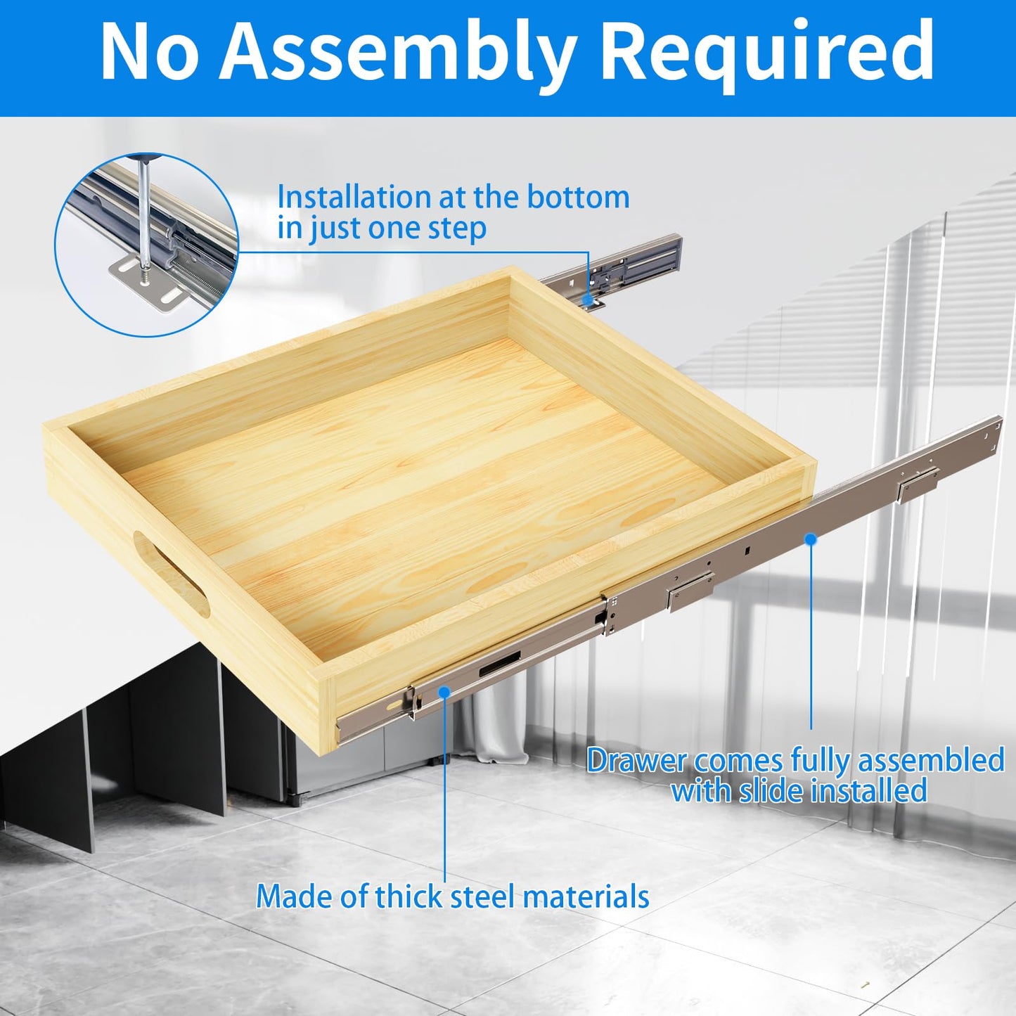 Petpvilit Pull Out Cabinet Organizer for 30.5" Wide or Larger Cabinet, 1PC 29" W x 21" D Soft Close Slide Out Wood Drawer Storage Shelves for Kitchen,Finished, Heavy-Duty, Bottom Assembly