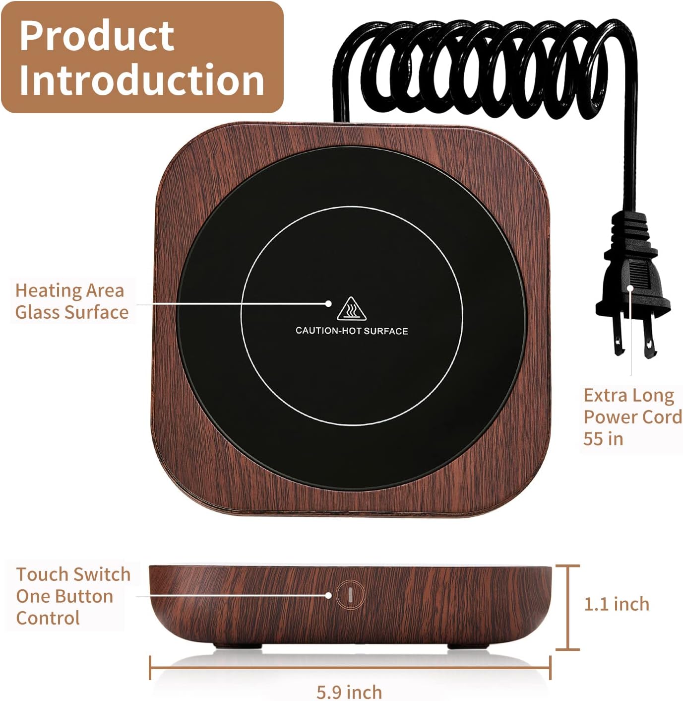 3 Settings, 54-Inch Coffee Mug Warmer with Auto Shut Off, Temperature Brown Wood Grain Design, Electric Beverage Heater