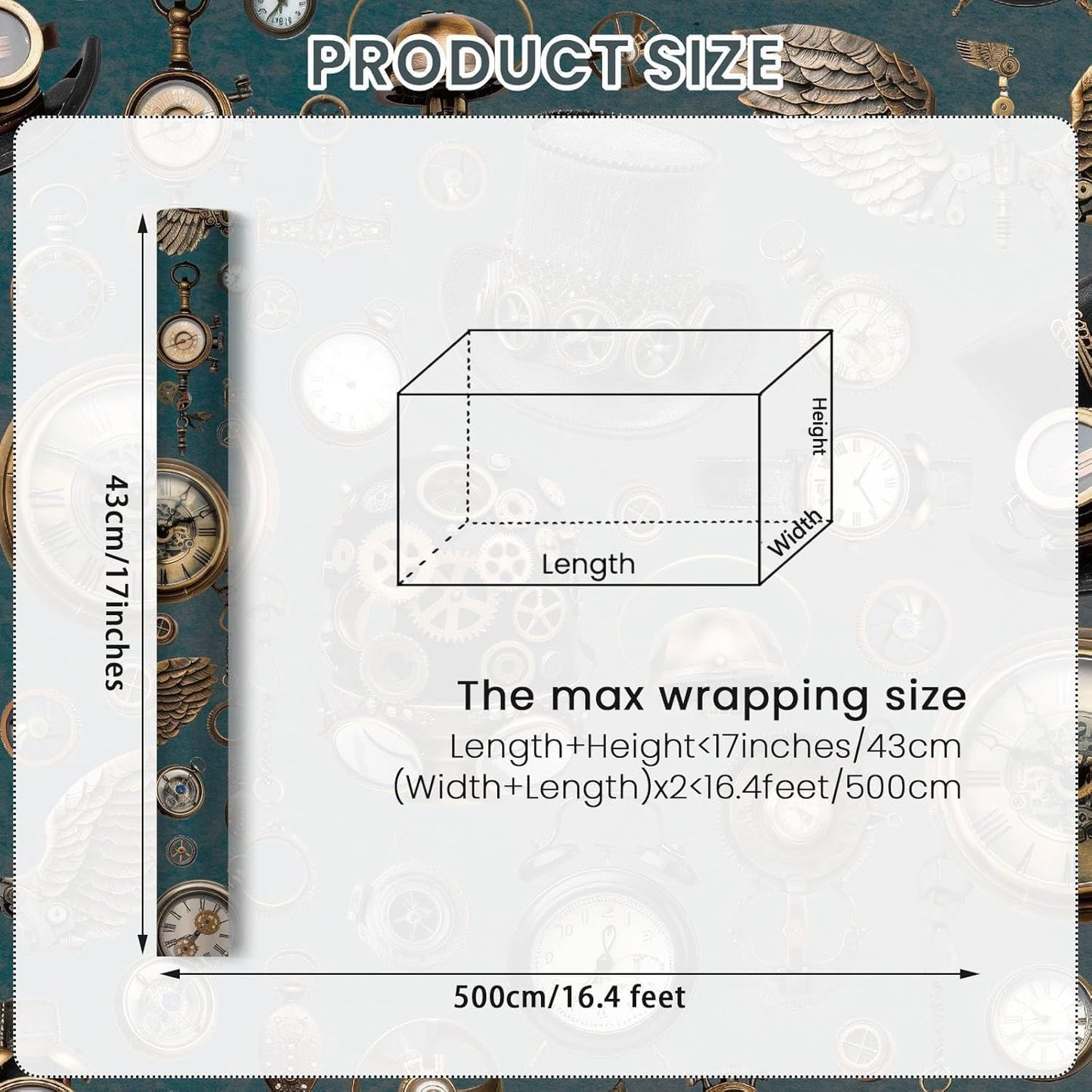 Joviwrap Watch Wrapping Paper Roll, Mechanical, Gears Vintage Clock Print Gift Wrap Steampunk Vintage Gift Wrapping Paper for Party, DIY Craft Projects, 17 Inches x 16.4 Feet