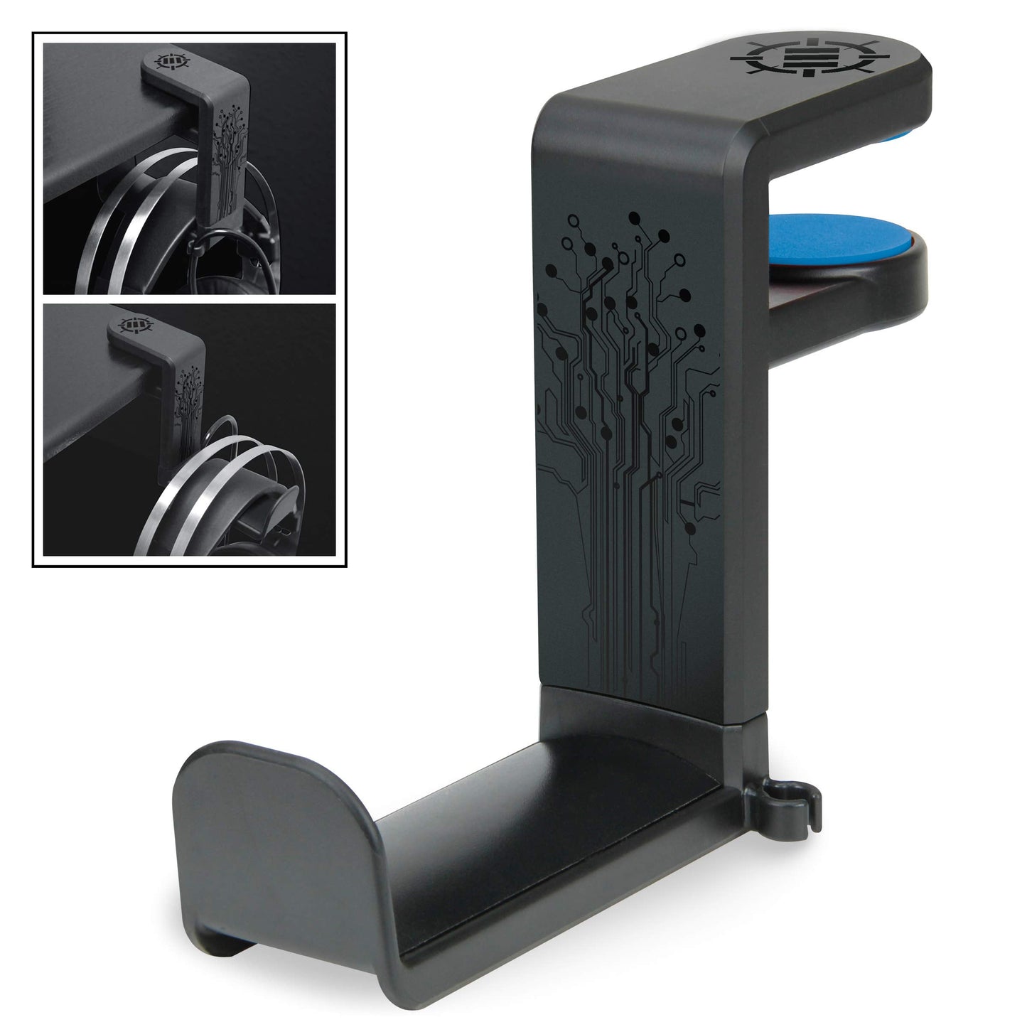 ENHANCE PC Gaming Headphone Holder - Desk Headphone Hanger Esports Headset Holder with Adjustable 360 Rotation, Under Desk Hook Clamp, Universal Fit - Built in Cable Clip Organizer - Black