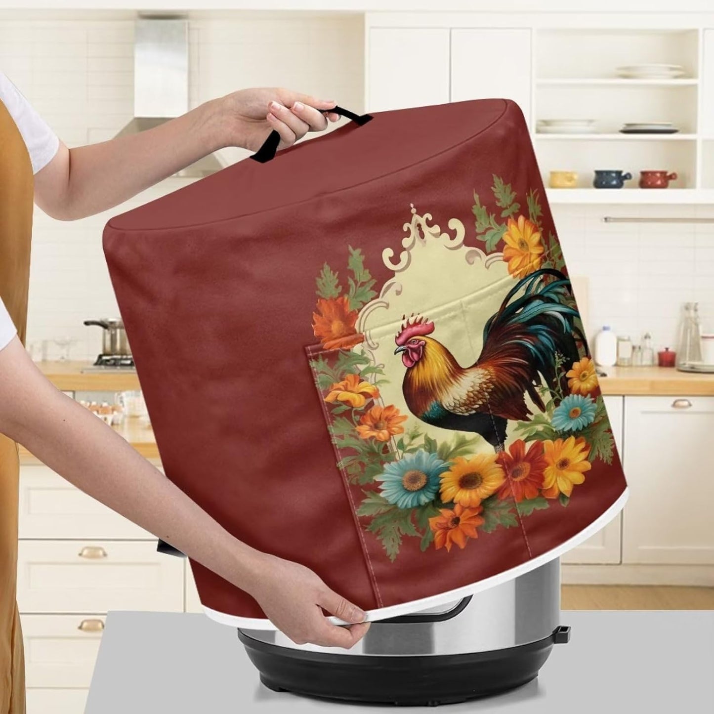 Sunflower Rooster Dust-proof Pressure Cooker Cover for Rice Cooker, Air Fryer, Kitchen Appliance Covers with Pocket