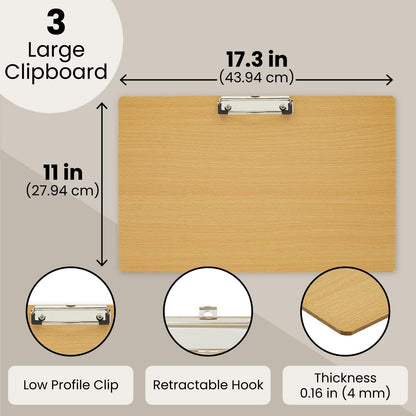 Extra Large Wooden Clipboards, 11 x 17.3 – Horizontal Wood Lap Boards with Clip for Drawing, Sketching, and Writing, 3mm Thick, Ideal for Artists, Students, and Office Use - 3 Pack