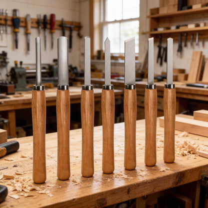 Hanpex 8 Piece Heavy Duty Wood Turning Chisel Set, Lathe Chisel Cutting Tools, (3) Gouge (1) Round Nose (1) Spear Point (2) Skew and (1) Parting Tools for Beginner to Professional