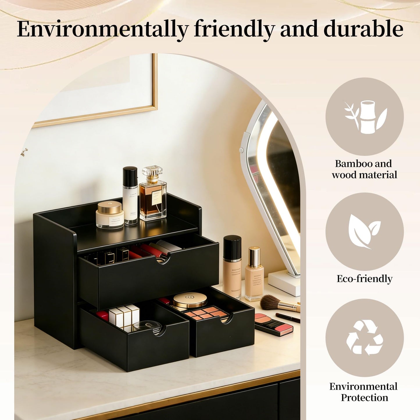 Bamboo Desk Organizer with Drawers, Tabletop Cosmetic Makeup Storage Box, No Assembly Desktop Countertop Storage Holder for Skincare Toiletries, Home Office Bathroom Vanity Organization(black)