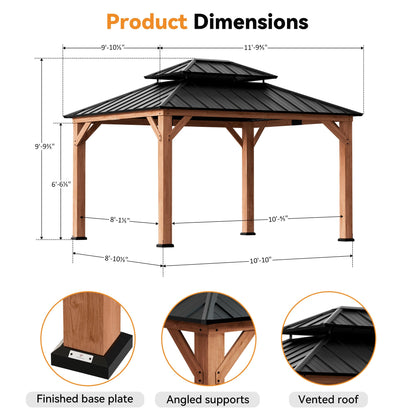 Modern Shade Rosewood Wood Gazebo 10' x 12', Hardtop Gazebo Permanent with Double Galvanized Steel Roof, Cedar Outdoor Gazebo with Sturdy Hooks for Garden, Backyard, Patio, and Deck