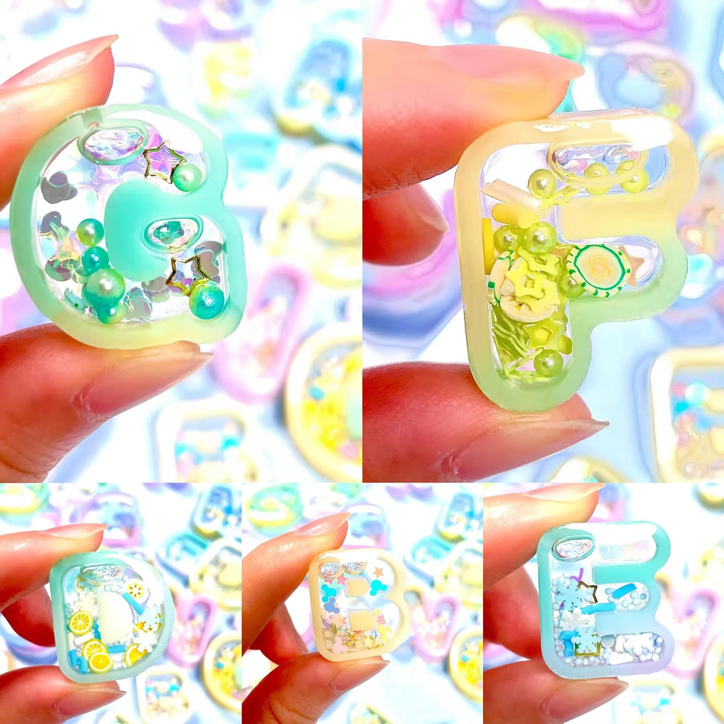Alphabet Resin Shaker Molds Kawaii Keychain Charm Large and Small Set Pack of 107 Silicone Trays Seal Films Precision Tip Applicator Bottle Kit Bundle