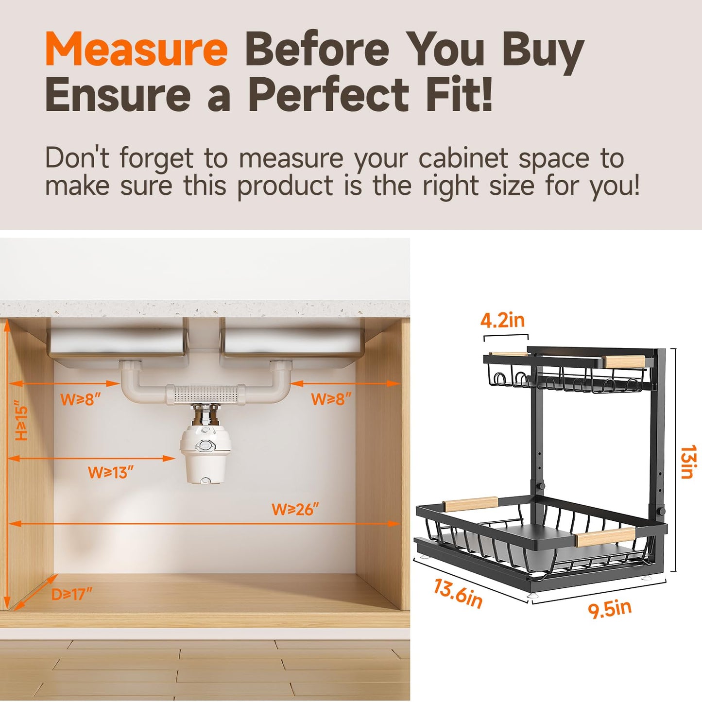 Sevenblue 2 Packs Under Sink Organizer, Height Adjustable 2 Tier Under Kitchen Sink Organizer, Multi-Purpose Storage Shelf for Kitchen Bathroom Cabinet (Black, Large)