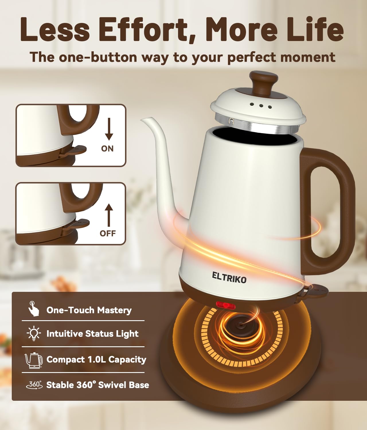 ELTRIKO Gooseneck Electric Kettle, 1L Water Boiler, Pour Over Coffee & Tea, 1000W Fast Heating, Stainless Steel, Auto Shut-Off & Boil-Dry Protection, BPA-Free (White)