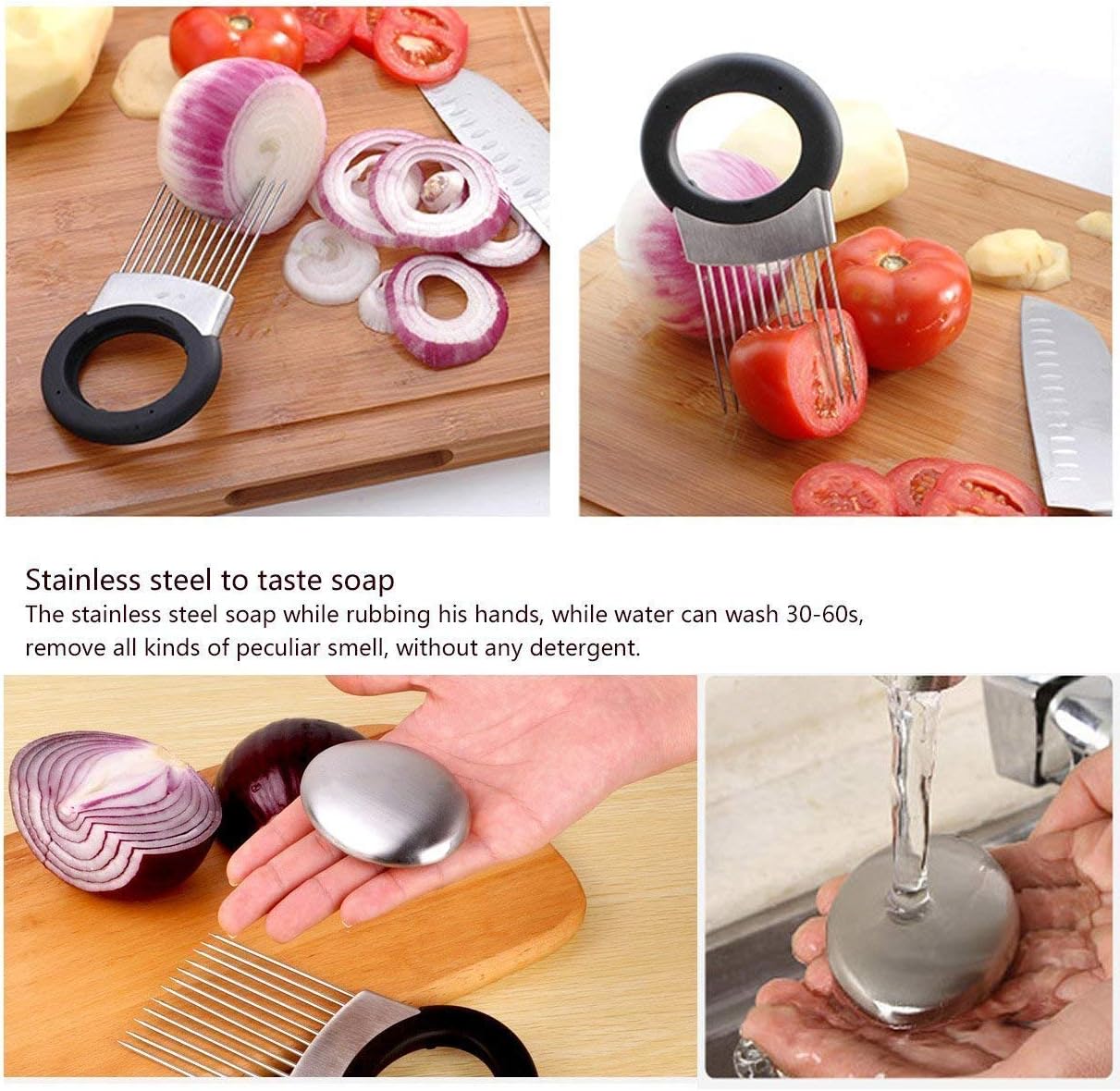 Stainless Steel Slicer Chopper, All-In-One Onion Holder for Tomato, Lime, Lemon with Odor Remover Tool