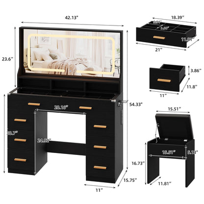 GarveeHome Makeup Vanity Desk with LED Mirror & Charging Station, 42" Dressing Table with Cushioned Stool, Glass Top & 8 Drawers & Hairdryer Rack, for Modern Bedroom Dressing Room, Black