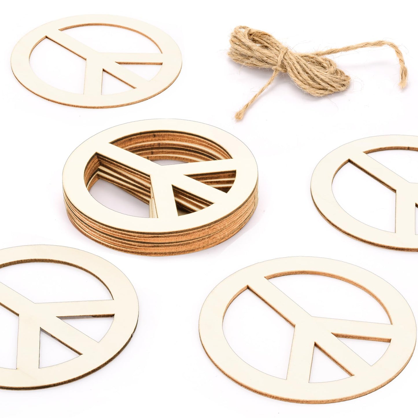 YOUEON 50 Pcs Unfinished Wood Peace Sign with Jute Rope, 4 Inch Round Wooden Pieces Hanging Ornaments, Cutout Blank Wood Slices for Party, DIY, Crafts
