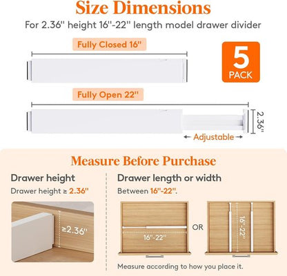 Lifewit Adjustable Drawer Dividers - 5 Pack 2.36" High Expandable Organizers for Clothes & Utensils | White