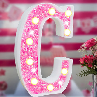 Light Up Letters, Glitter Alphabet Letter Sign Pink LED Marquee Letter Lights Battery Powered for Night Light Girls Bedroom Birthday Party Wedding Home Christmas Decorations Gift for Her-Pink C