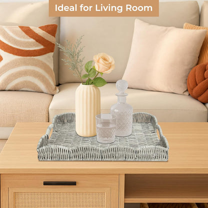 Rectangle Wicker Scalloped Tray, Hand Woven Synthetic Rattan Serving Tray with Handles, Coffee Table Decorative Tray
