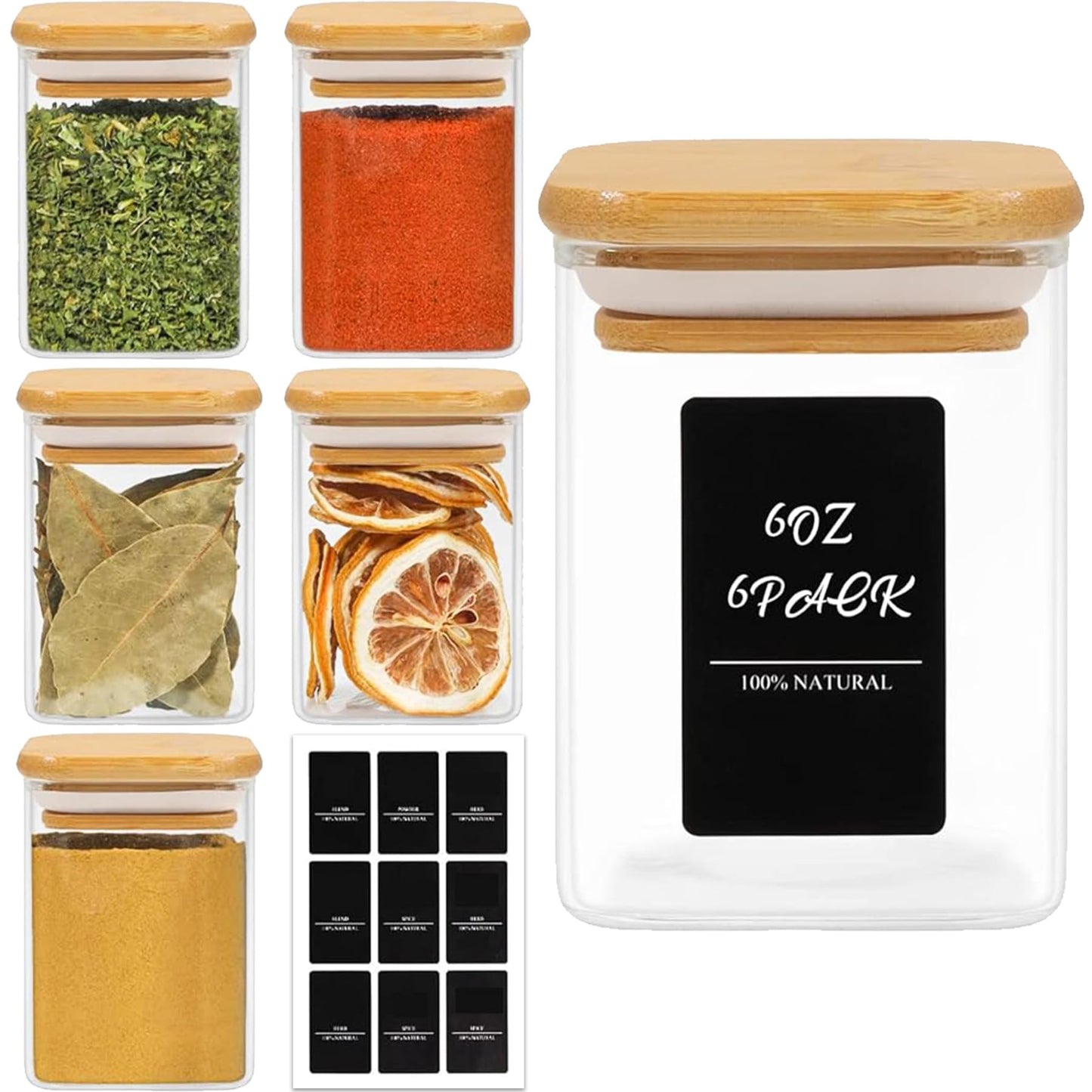ComSaf 16Pcs Glass Spice Jars with Bamboo Lid, 4oz Airtight Square Spice Containers with 275 Black Lables, Empty Seasoning Jars for Spice Salt Sugar