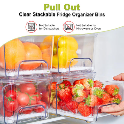Brippo 4-Pack Refrigerator Drawer Organizer Bins, Clear Stackable Pull Out Fridge Organizers and Storage Container, with Strainer Layer for Fruits, Vegetables, Drinks, Snack and Food