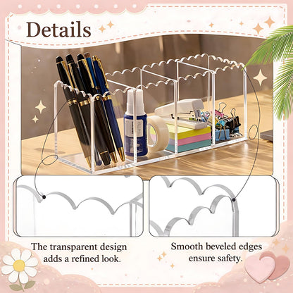 Tosstuki Scalloped Acrylic Pencil Holder for Desk, Clear Pen Organizer with 4 Compartments, Marker Makeup Brush Holder Remote Caddy for Home, Office, Bathroom, Classroom, Table