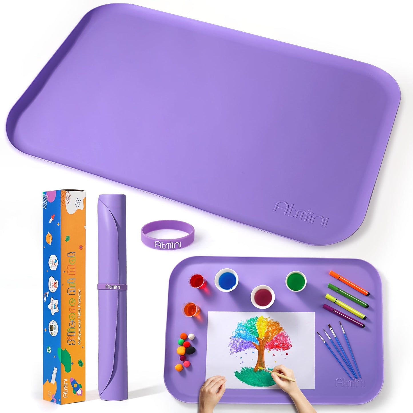 AtMini Silicone Art Mats for Kids, 24"x16" Silicone Craft Mat with Lip to Keep Clean, Play Sand, Painting, DIY Crafts Mat for Kids (Purple)