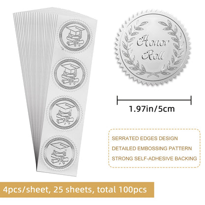 CRASPIRE 2" Honor Roll Silver Foil Sticker Olive Leaf Wreath 100pcs Certificate Seals Embossed Round Silver Seal Stickers Label for Envelopes Invitation Card Diplomas Wedding Awards Graduation Trophy