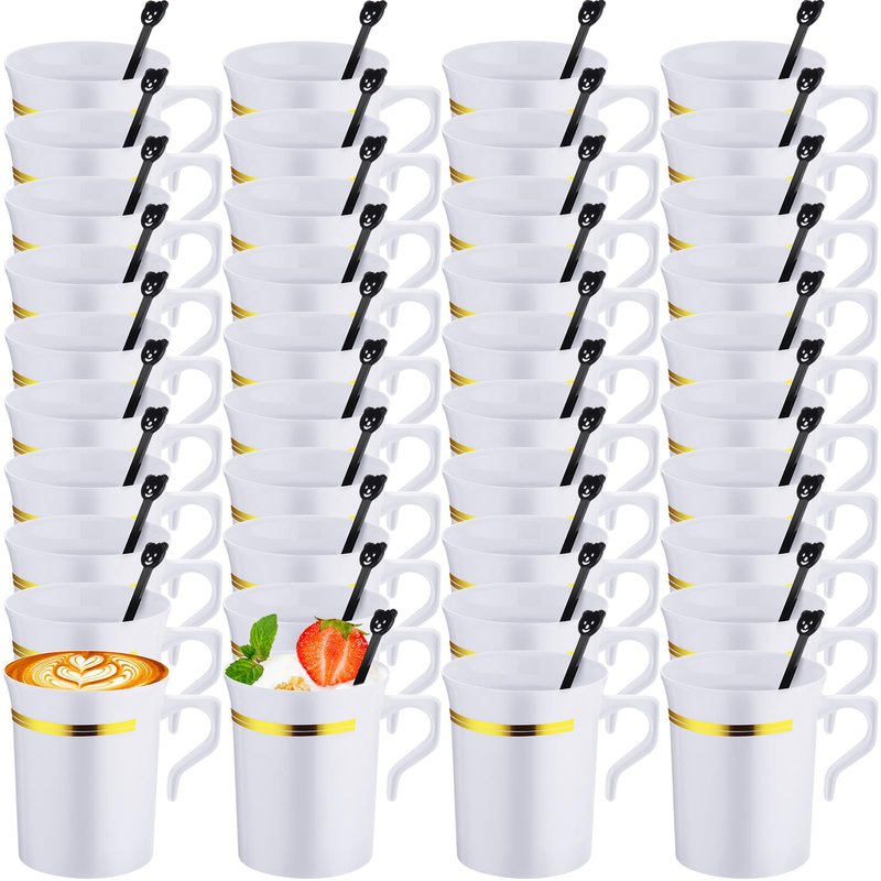 Bokon 100 Pcs Plastic Tea Cups Bulk with Handle and Spoon, 8 oz Reusable Teacups with Gold Rim, White Coffee Mugs for Bridal Shower, Wedding, Princess Tea Party Supplies (Gold Rim)