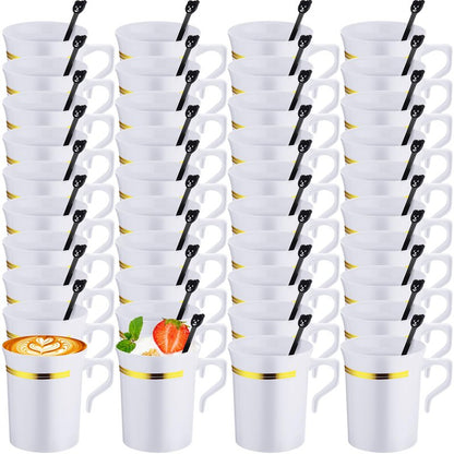 Bokon 100 Pcs Plastic Tea Cups Bulk with Handle and Spoon, 8 oz Reusable Teacups with Gold Rim, White Coffee Mugs for Bridal Shower, Wedding, Princess Tea Party Supplies (Gold Rim)