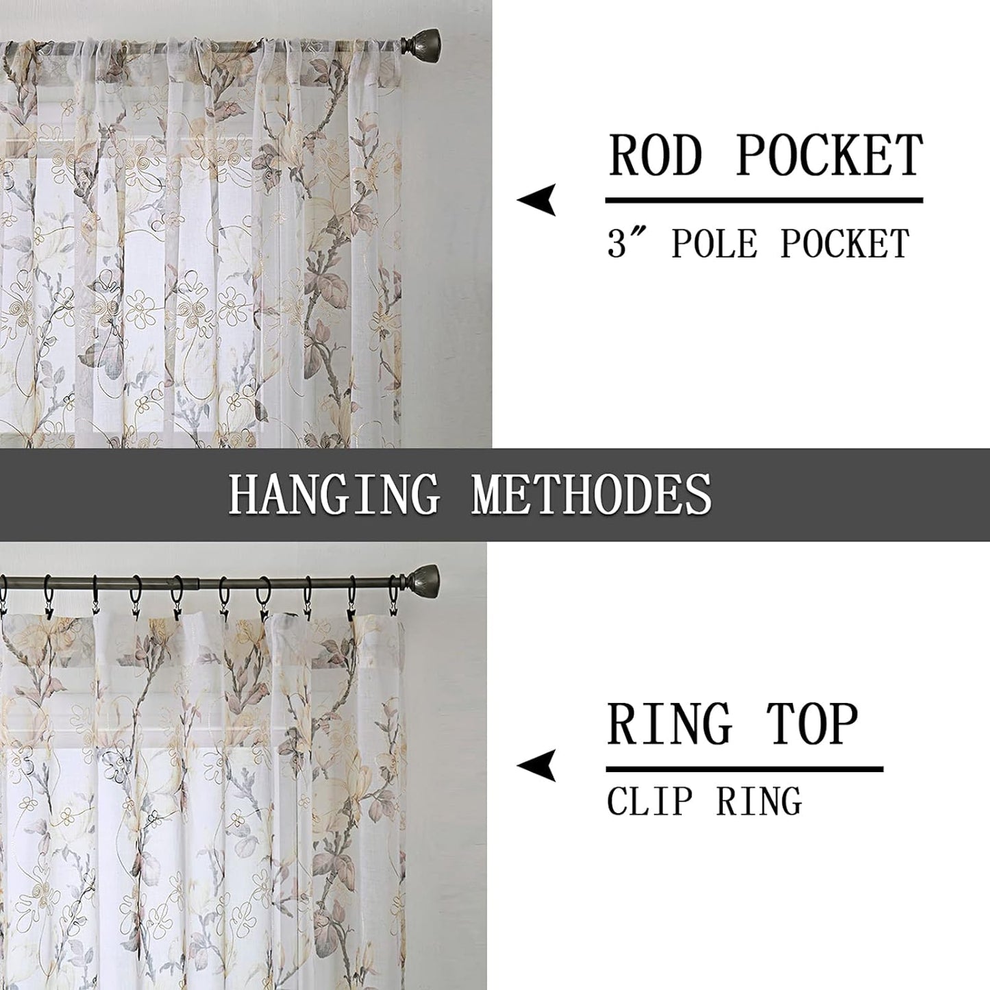 Tollpiz Floral Short White Sheer Tier Curtains, Set of 2 Panels, 30 x 24 inches, Flower Print Vine Embroidery for