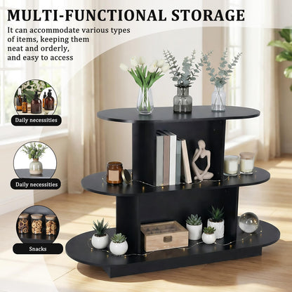 Hubxinly 3 Tier Wooden Oval Display Table Modern Standing Display Riser Shelf Retail Table for Stores Vendor Events 55in W x 23.6in D x 35in H (Black)